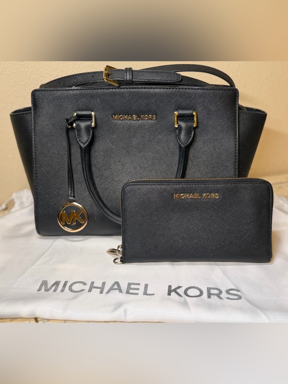 Michael Kors Black Saffiano Satchel with Matching Wallet- gold hardware